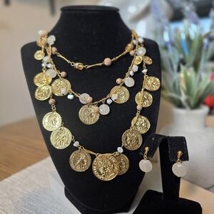 Gold Coin Multi Layer Necklace and Earrings Set